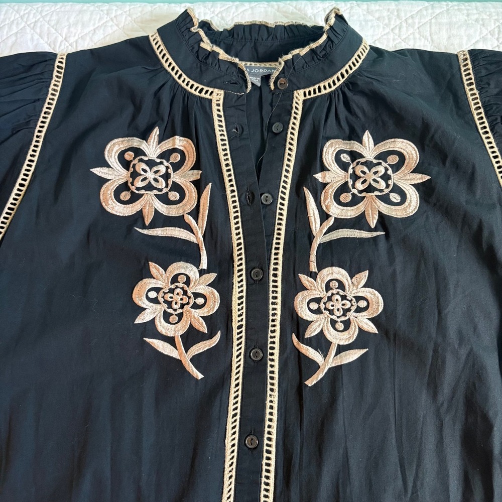 Julia Jordan Black Embroidered Cotton Shirt Dress NWT L Ivory Floral - Picture 2 of 8